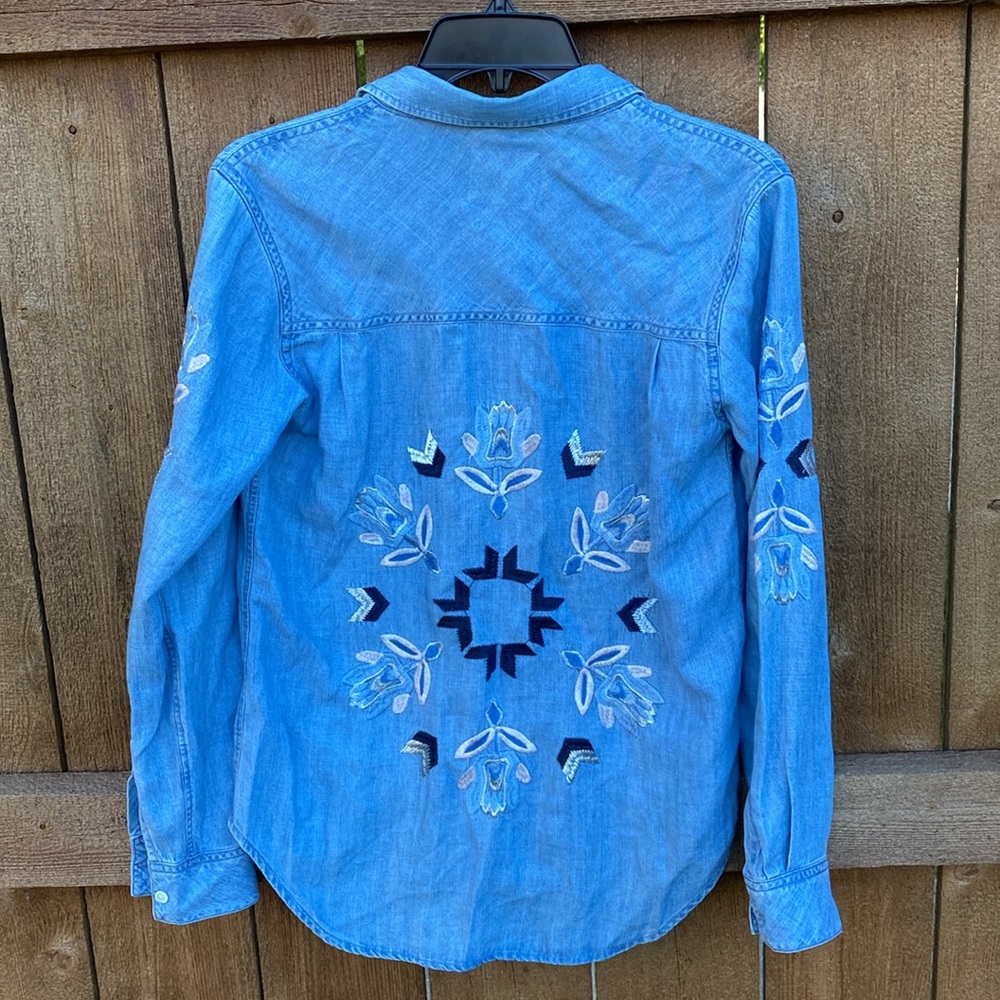 RAILS “Smith Phoenix” Chambray Western Ranch Embroidered Linen / Jean Shirt XS